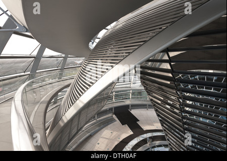 Blick auf die Spirale Kuppelumgang Glas und Spiegel über dem Plenarsaal des Parlaments am Reichstag in Berlin tiefstehende Sonnenwinkel diskutieren Stockfoto