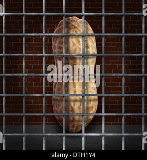 Erdnuss-Allergie und keine Erdnüsse erlaubt Konzept mit der verbotenen Snack hinter Gittern als Symbol der allergischen Reaktion und baned Zutaten, die Allergien verursachen. Stockfoto