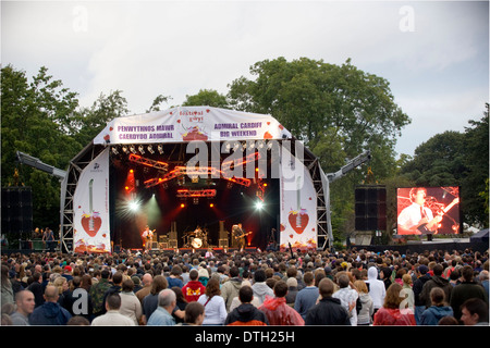 Eine Menschenmenge beobachten eine der Bands, die in einem kostenlosen Open-Air-Konzert, Teil des großen Wochenendes, Cardiff. Stockfoto