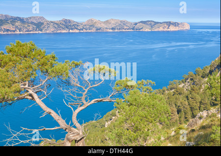 Halbinsel Formentor und Pollensa Hafen im Frühjahr. Blick von La Victoria, Alcúdia Bereich. Mallorca, Balearen, Spanien Stockfoto