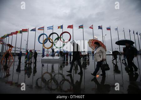 Zuschauer verwenden Schirme, um Schutz vor dem Regen im Olympiapark während der 2014 Olympischen Spiele in Sotschi, Sotschi, Russland, 18. Februar 2014. Foto: Christian Charisius/dpa Stockfoto