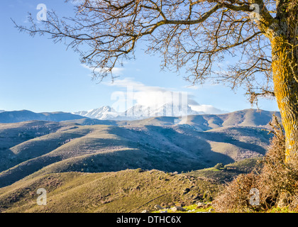 Eine schneebedeckte Monte Cinto im Morgengrauen entnommen den Col de San Colombano im Norden Korsikas bei Sonnenaufgang Stockfoto