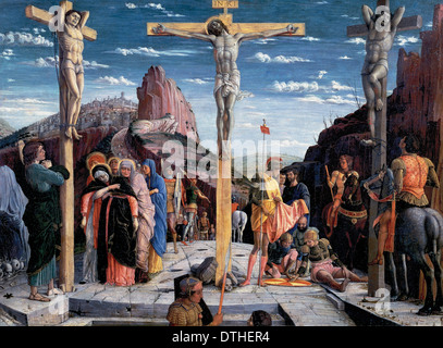 Andrea Mantegna (1431-1506). Italienischer Maler. Die Kreuzigung. Zentraler Bestandteil der Predella des Altars. 1457-1459. Stockfoto