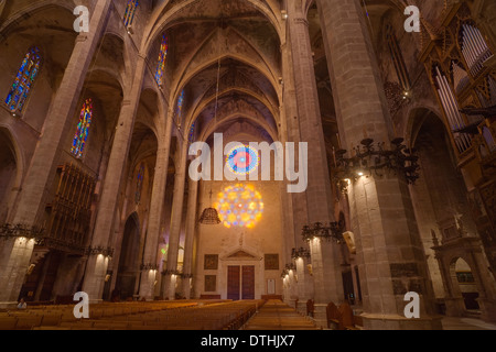 Kathedrale von Palma de Mallorca. Alle zwei Jahre stattfindende Ausrichtung des Hauptfensters stieg unter sekundär. Mallorca, Balearen, Spanien Stockfoto