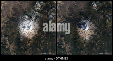 Mangel an Schnee am kalifornischen Mt. Shasta wie in diesen vorher/nachher Bilder NASA Landsat-Satelliten zu sehen Stockfoto