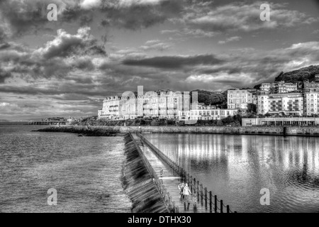 Marine See Damm Thornleigh Somerset England mit dramatischer Himmel in schwarz / weiß Stockfoto