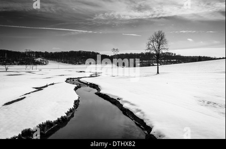 Kleiner Bach durch ein Schneefeld überdachten Hof in ländlichen Carroll County, Maryland. Stockfoto