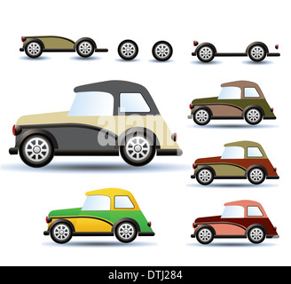 Verschiedene Varianten eines Autos auf einem weißen Hintergrund Stockfoto