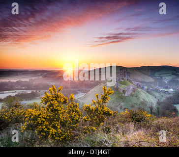 Eine frostige April Sonnenaufgang mit Blick auf die Ruinen von Corfe Castle auf der Isle of Purbeck in Dorset Stockfoto