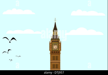 Das Londoner Wahrzeichen Big Ben Clocktower im Morgengrauen vor blauem Himmel mit Wolken und Vögel Stockfoto