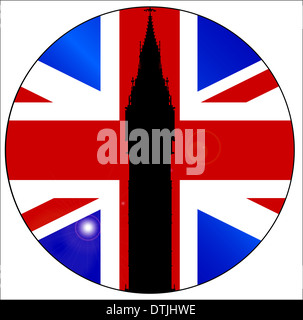 Das Londoner Wahrzeichen Big Ben Clocktower in der Silhouette über einen Anschluß-Markierungsfahne auf eine Schaltfläche oder ein Abzeichen. Stockfoto