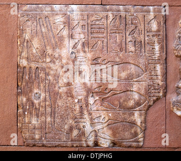 Eingeschnittene Blöcke bilden Teil der rekonstruierten Rote Kapelle oder Chapelle Rouge der Königin Hatshepsut in Open Air Museum Karnak Stockfoto