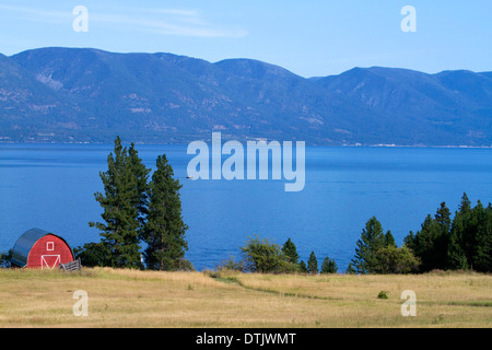 Rote Scheune und Ackerland entlang Flathead Lake, Montana, USA. Stockfoto