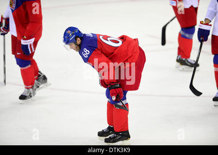 Sotschi, Russland. 19. Februar 2014. Jaromír Jágr nach dem Spiel. Eishockey, Viertelfinale Tschechien Vs USA während der Winterspiele 2014 in Sotschi, Russland, 19. Februar 2014. Bildnachweis: Roman Vondrous/CTK Foto/Alamy Live-Nachrichten Stockfoto