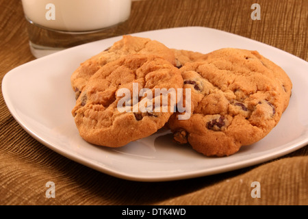 Eine Mund-Wasser-Nahaufnahme eines Tellers mit Schokoladenchips-Keksen mit einem Glas Milch auf der Seite. Stockfoto