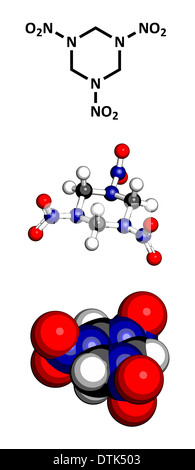 RDX (Cyclonite, Hexogen) explosive Molekül. Drei Darstellungen: 2D Skelettformel, 3D Ball und Stab-Modell, 3D Raum-füllen. Stockfoto