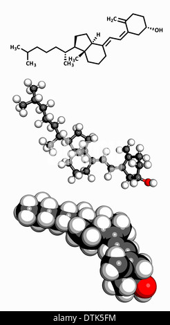 Vitamin D3 (Cholecalciferol) Molekül. Drei Darstellungen: 2D Skelettformel, 3D Ball und Stab-Modell, 3D raumfüllende mod Stockfoto