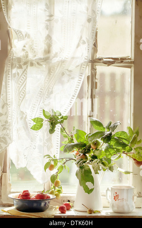 Strauß aus Zweige von Apfel- und Pflaumenbäume und eine Schale mit Erdbeeren auf einem alten Fensterbank Stockfoto