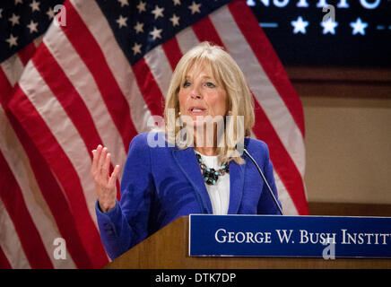 Dallas, TX, USA. 19. Februar 2014. Keynote-Speaker bei der Vorstellung von der Bush-Center militärischen Service Initiative Summit, Second Lady der Vereinigten Staaten, Dr. Jill Biden erzählt, wie sie Mitbegründerin verbinden Kräfte und soll sichergestellt werden Soldaten und deren Angehörige erhalten die Unterstützung, die sie verdienen. Bildnachweis: J. G. Domke/Alamy Live-Nachrichten Stockfoto