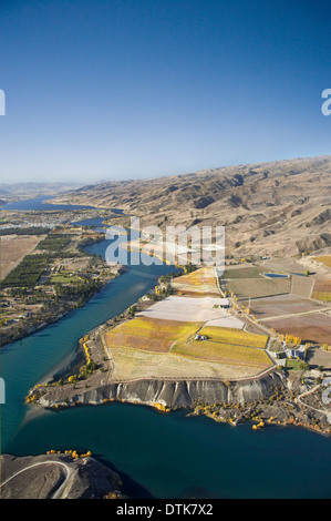 Carrick Weinberge und Lake Dunstan, Bannockburn, Central Otago, Südinsel, Neuseeland - Antenne Stockfoto
