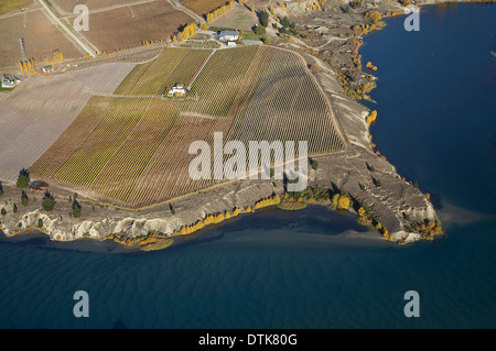 Carrick Weinberge und Lake Dunstan, Bannockburn, Central Otago, Südinsel, Neuseeland - Antenne Stockfoto