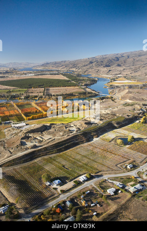 Domäne Straße Weinberg und Obstgärten, Bannockburn und Lake Dunstan, Central Otago, Südinsel, Neuseeland - Antenne Stockfoto