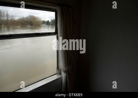 Vorgefertigte Häuser überschwemmten die Themse. Blick auf das Hochwasser aus dem Haus. Stockfoto