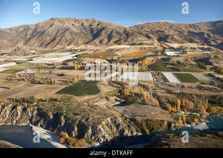 Kawarau River und Weinberge, Gibbston Valley, Otago, Südinsel, Neuseeland - Antenne Stockfoto