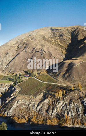 Mangold Hof Weingut und Kawarau River, Gibbston Valley, Otago, Südinsel, Neuseeland - Antenne Stockfoto