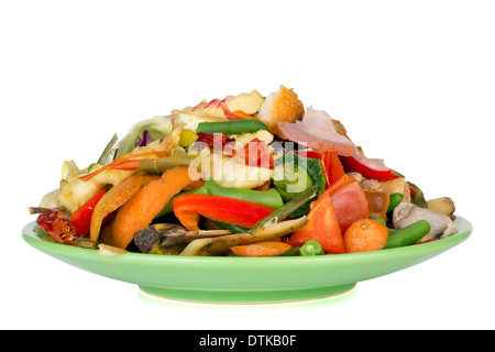 Salat von Verschwendung von Lebensmitteln und Müll auf einer grünen Platte. Essen des zukünftigen Makro-Konzepts. Isoliert Stockfoto