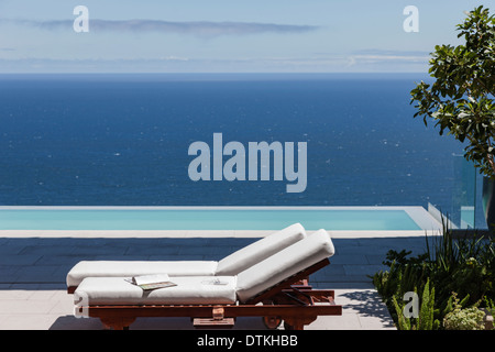 Moderne Terrasse und Infinity-Pool mit Blick auf Meer Stockfoto