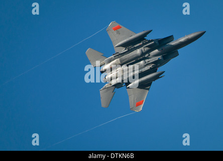 Ein Kampfflugzeug der US Air Force f-15 Eagle von der 40. Flight Test Squadron steigt über nach einen Training-Ausfall auf Eglin Air Force Base 24. Oktober 2013 in Valparaiso, Florida. Stockfoto