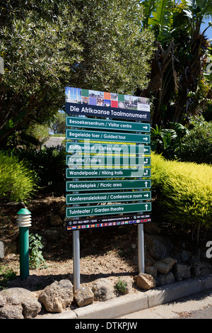 Hinweisschild auf das Afrikaans Language Monument (sterben Afrikaanse Taalmonument) in Paarl, Südafrika. Stockfoto