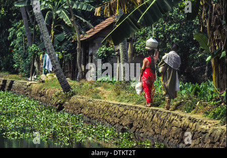 LÄNDLICHES MOTIV MIT EINEM WASSERKRUG TRUG AUF DER KOPF ENTLANG DER KERALA IN INDIEN KANÄLE Stockfoto