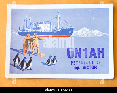 Vintage Qsl-Karten geschickt zwischen den Schinken Betreibern bei der ersten Kontaktaufnahme, aus Petrozavodsk Sowjetunion Motiv-Antarktis-Expedition, 1959 Stockfoto