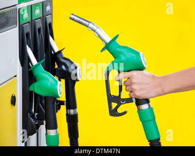 Zarte Frauenhand hält Benzin Pumpe. Tankstelle. Düse. Stockfoto