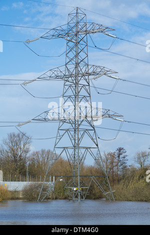 Ein Strommast in einem überschwemmten Feld in Gloucester, England. Stockfoto