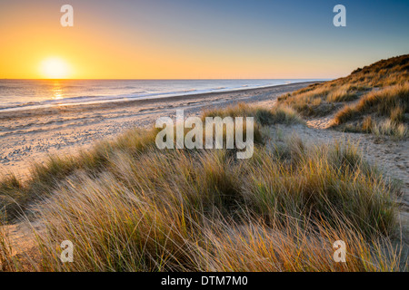 Sonnenaufgang am Morgen über Küste an Winterton Strand in National Nature Reserve, Winterton am Meer, Ostküste, Norfolk, Großbritannien. Stockfoto