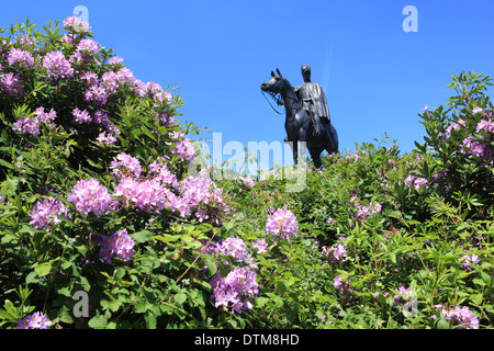 Statue von Duke of Wellington Arthur Wellesley auf seinem Pferd Kopenhagen auf Round Hill Aldershot, mit seinen Rhododendron Stockfoto