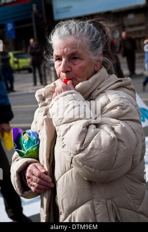 Sarajevo, Bosnien. 19. Februar 2014. Demonstration vor dem Präsidentenpalast am 14. Tag der Proteste gegen die hohe Arbeitslosigkeit, Korruption der Eliten und Privatisierung der Stoffe im ganzen Land. Demonstranten fordern das Eingreifen der EU zur Lösung dieser Krise. Die Demonstranten waren etwa hundert heute und haben Angst, dass ihre Zahl zu verringern. Studenten sind nicht zahlreich an den Protesten, weil sie von der Universität erpresst werden. Bildnachweis: Aurore Belot/NurPhoto/ZUMAPRESS.com/Alamy Live-Nachrichten Stockfoto