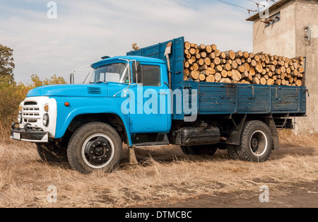 Laden von gefälltem Holz in einem LKW Stockfoto