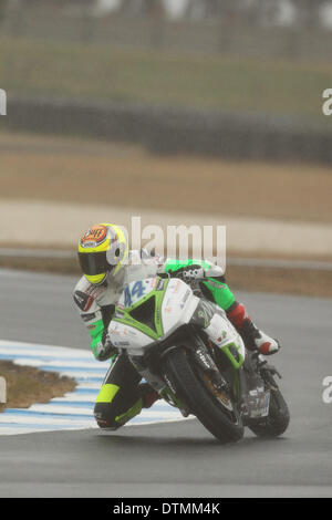 Phillip Island, Australien. Freitag, 21. Februar 2014. World Supersport-Pilot Roberto Rolfo in Aktion während des freien Trainings am Freitag von der FIM Supersport Weltmeisterschaft 2014 Runde in Phillip Island, Australien. Regen und Wind gestört beim erste Training und nur wenige Fahrer gingen auf die Strecke. Bildnachweis: Russell Hunter/Alamy Live-Nachrichten Stockfoto