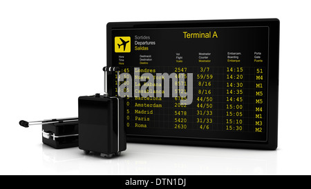 Abflüge Information Board Flüge entlang und Koffer in 3d auf weißem Hintergrund Stockfoto