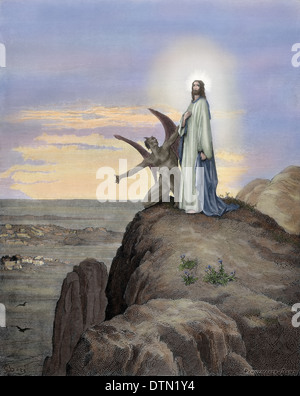 Neuen Testaments. Evangelium des Matthäus. KAPITEL IV. Jesus vom Teufel versucht. Farbige Gravur. Stockfoto
