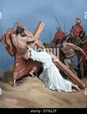 Neuen Testaments. Lukas-Evangelium. Kapitel XXIII. Jesus fällt unter der Last des Kreuzes. Farbige Gravur. Stockfoto