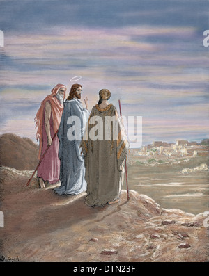Neuen Testaments. Lukas-Evangelium. Kapitel XXIV. Jesus und die Jünger von Emmaus. Farbige Gravur. Stockfoto
