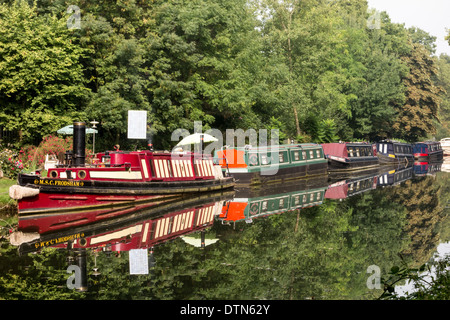 Schmale Boote vertäut entlang Fluss Wey Navigation, in der Nähe von Byfleet, Surrey, UK Stockfoto