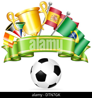 Fußball Poster mit Fußball, Fahnen, Gold-Trophäe und Band, isoliert auf weißem Hintergrund Stockfoto