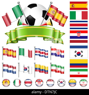 Soccer World Championship 2014 Brasilien sammeln mit Fahnen, Ball, Band und Fahnen, isoliert. Teil 2 von 4. Stockfoto