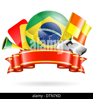 Fußball Poster mit Brasilien Ball, Band und Fahnen, isoliert Stockfoto